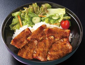 Rice topped with BBQ grilled pork Hokkaido style.