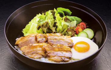 Rice topped with grilled Char Siu tender pork slices and egg with savory sweet sauce.