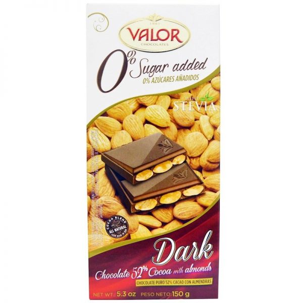 Valor 0% Sugars Added, Dark Chocolate, 52% Cocoa with Almonds, 100g