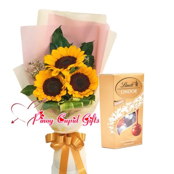 3pcs Sunflower Bouquet & Ferrero Lindt Truffles Assorted-200g