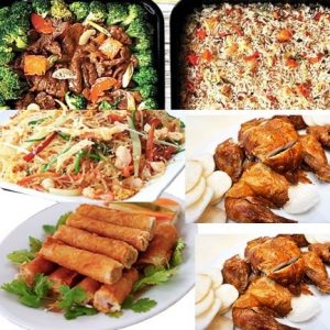Hap Chan Package: Sautéed beef with broccoli, Yang chow rice, pancit bihon, shanghai, crispy fried chicken