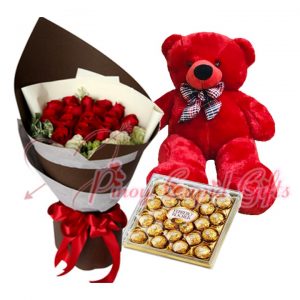 1 Dozen Roses, 24pcs Ferrero Choco, 28" Teddy Bear