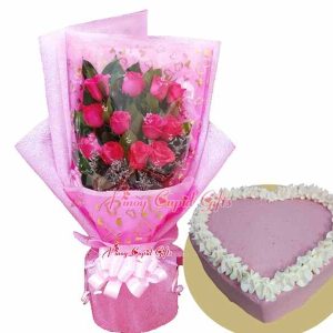 1 Dozen Pink Roses Strawberry Heart Cake by The Little Joy Bakery