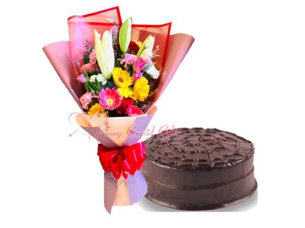 Mixed Flower Bouquet & Mom's Fudge Chocolate Cake by Cake2Go