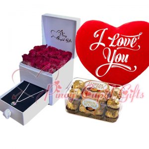 Romantic Box (roses, necklace), ferrero chocolate and red heart pillow