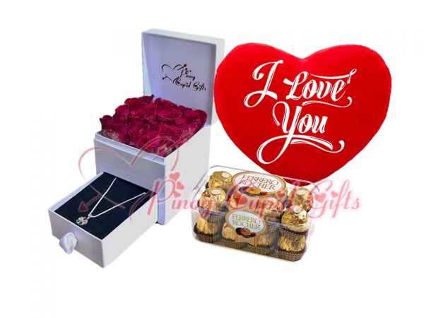 Romantic Box (roses, necklace), ferrero chocolate and red heart pillow