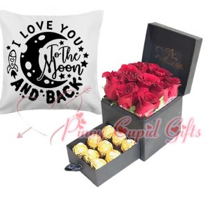Romantic Box (roses, ferrero choco) and message pillow