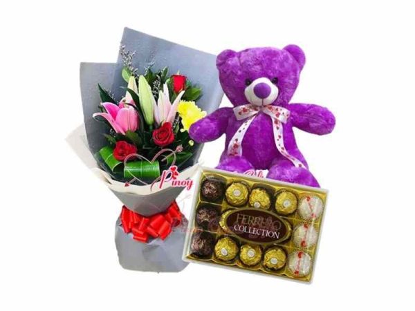 mixed flower bouquet, 22" purple teddy bear, 15pcs ferrero collection