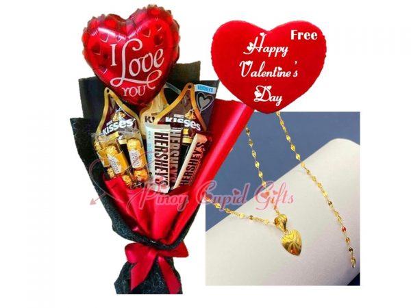 Assorted Chocolate Bouquet, 18k Saudi Gold Necklace, and Valentines Heart Pillow