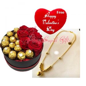 Red Roses with Ferrero in Gift Box, 18k Saudi Gold Heart Necklace, and Valentines Pillow