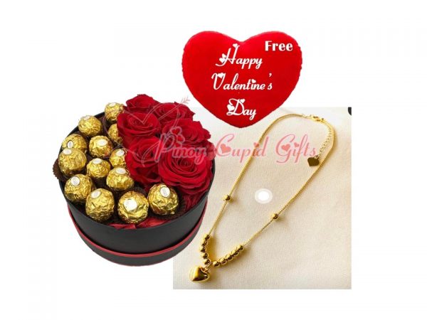 Red Roses with Ferrero in Gift Box, 18k Saudi Gold Heart Necklace, and Valentines Pillow