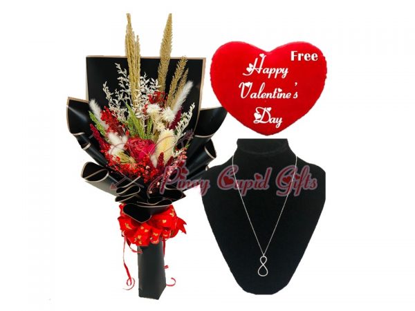 Red-Themed Dried Bouquet, 925 Silver Infinity Necklace, and Valentine Pillow