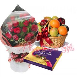 1 dozen roses, fruit basket, cadbury chocolate