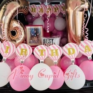 Birthday Car Surprise-Basic Package; balloons, message pillow, roses, photo frame