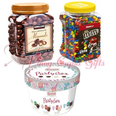Kirkland Milk Almonds Jar, M&M's Peanut Jar, Sorini Chocolate Party Box