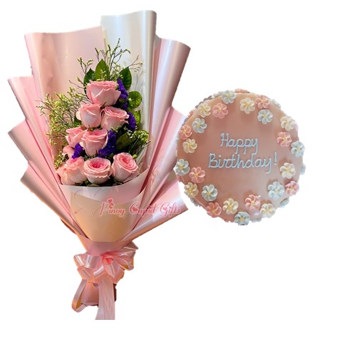 10 Imported Pink Roses & Estrel's 8" Round Cake with caramel filling