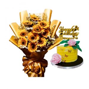 10pcs sunflower bouquet with special customizable yellow-themed cake