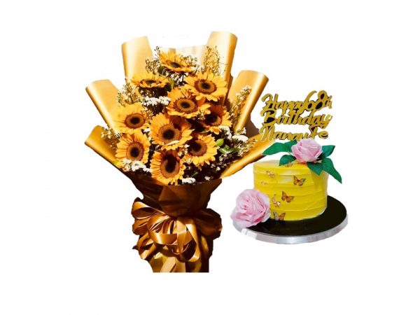 10pcs sunflower bouquet with special customizable yellow-themed cake