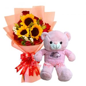 roses/sunflower bouquet & 22″ teddy bear.