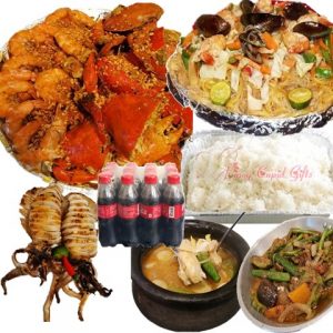 Seafood Set Meal; mixed crab/shrimp bilao, seafood pancit, grilled pusit, singang belly salmon, pinakbet, with rice platter