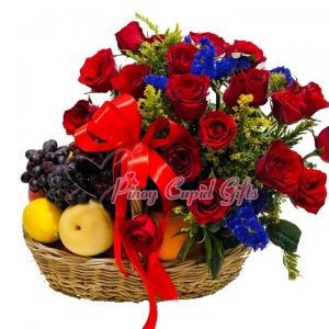 2 dozen roses and fruits in a basket