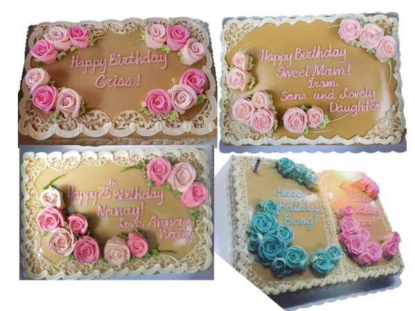 caramel rectangle cakes with fillings and roses