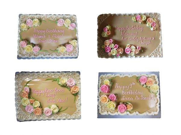 caramel rectangle cakes with fillings and roses