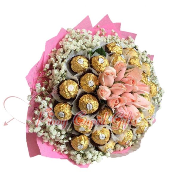 24pcs Ferrero Bouquet with 10 pink roses