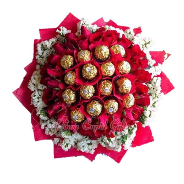 16pcs Ferrero & 2 dozen red roses in bouquet