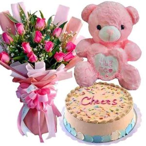 1 dozen pink roses, 22inches bear, Max's Chocolate Message Cake
