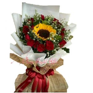 2 Dozen Red Roses and Sunflower in Bouquet
