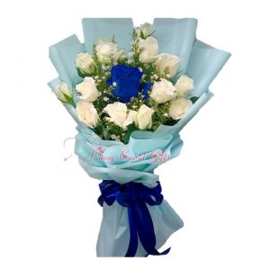 12 white roses with 1 Ecuadorian blue rose