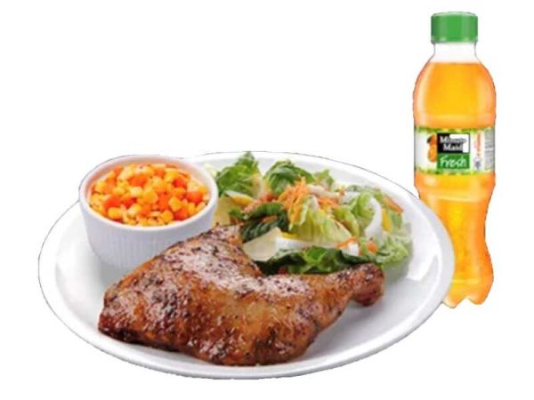 1 Quarter Classic Roasted Chicken, Caesar Salad, corn/carrots dish, and Drink