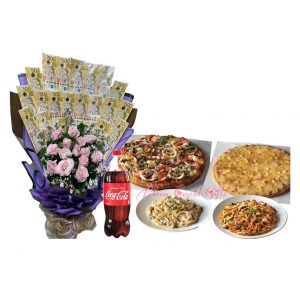 Roses with Money Bouquet and Yellow Cab XLARGE Pizza and Pasta