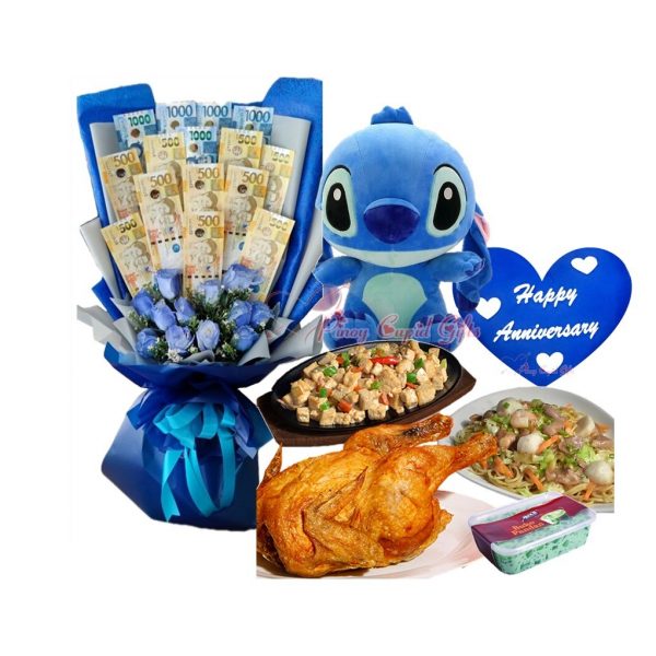 Roses money bouquet, stuffed toy, message pillow and Max's food