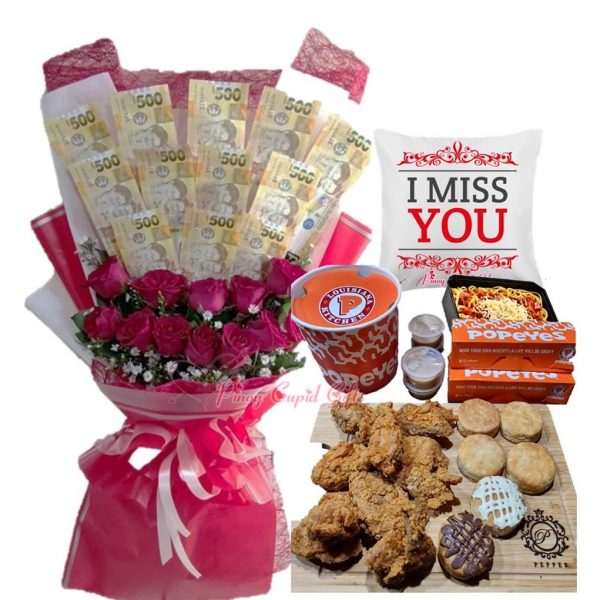 Roses Money Bouquet, Popeye's Chicken & Biscuits, message pillow