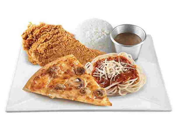 1 slice of Cheeseburger Pizza • Meaty Spaghetti • 1 pc. Crunchy Chicken with Rice
