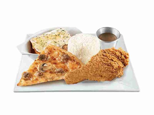 1 slice of Cheeseburger Pizza • Lasagna Supreme • 1 pc. Crunchy Chicken with Rice