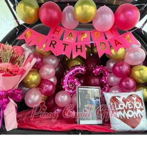 OPTION A: BASIC PACKAGE; Balloons, message pillow, photo frame, dried bouquet