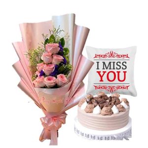 Imported Pink Roses, Conti's Hazelnut Fudge & Message Pillow