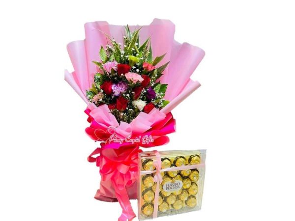 mixed roses and gerberas with 24pcs ferrero chocolate