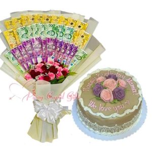 Roses Money Bouquet with Round Estrel's Caramel Cake CAKE 01