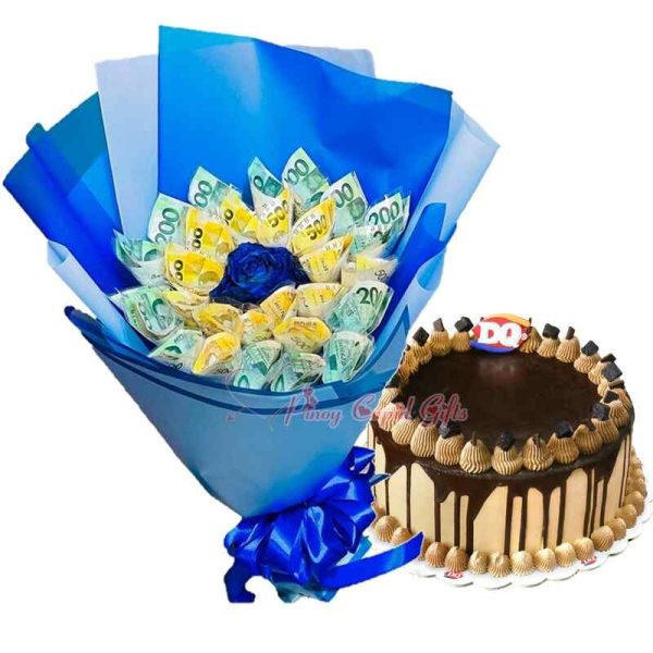 Single blue dried rose Money Bouquet & DQ Ice Cream Cake