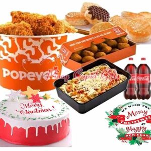 Popeyes chicken, spagheti mac & cheese pops with Christmas cake