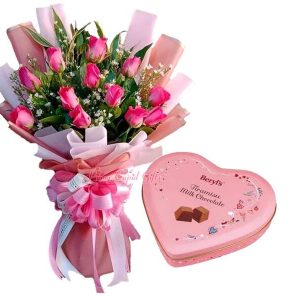 1 Dozen Pink Roses, Beryl’s Tiramisu Milk Chocolate Tin 80g Heart