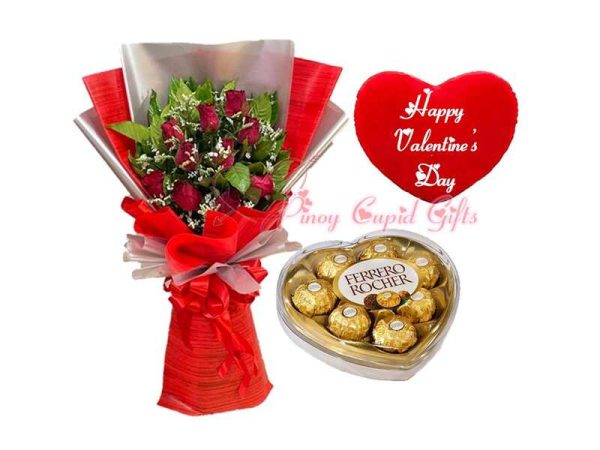 1 dozen red roses, heart ferrero & valentines pillow