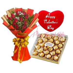 1 dozen roses, 24pcs ferrero chocolate, valentines heart pillow
