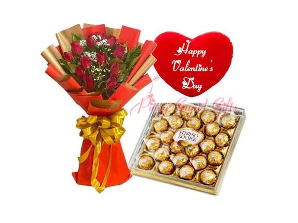 1 dozen roses, 24pcs ferrero chocolate, valentines heart pillow