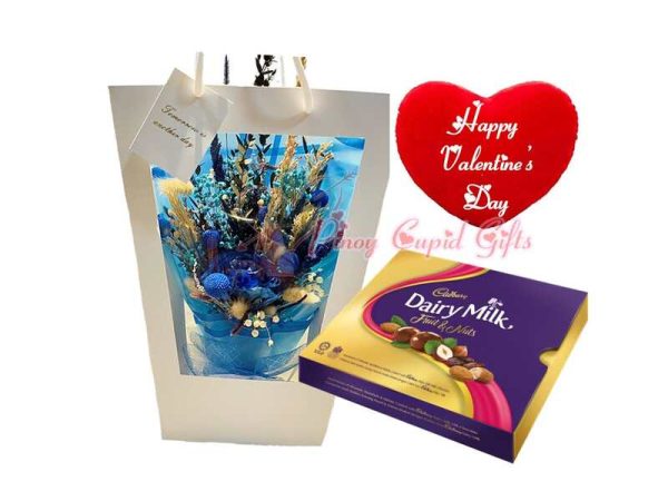 Dried Flower Bouquet, Chocolate, and Valentines Pillow