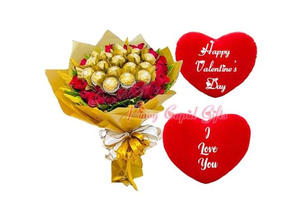 16pcs Ferrero, 2 dozen roses bouquet & message pillows